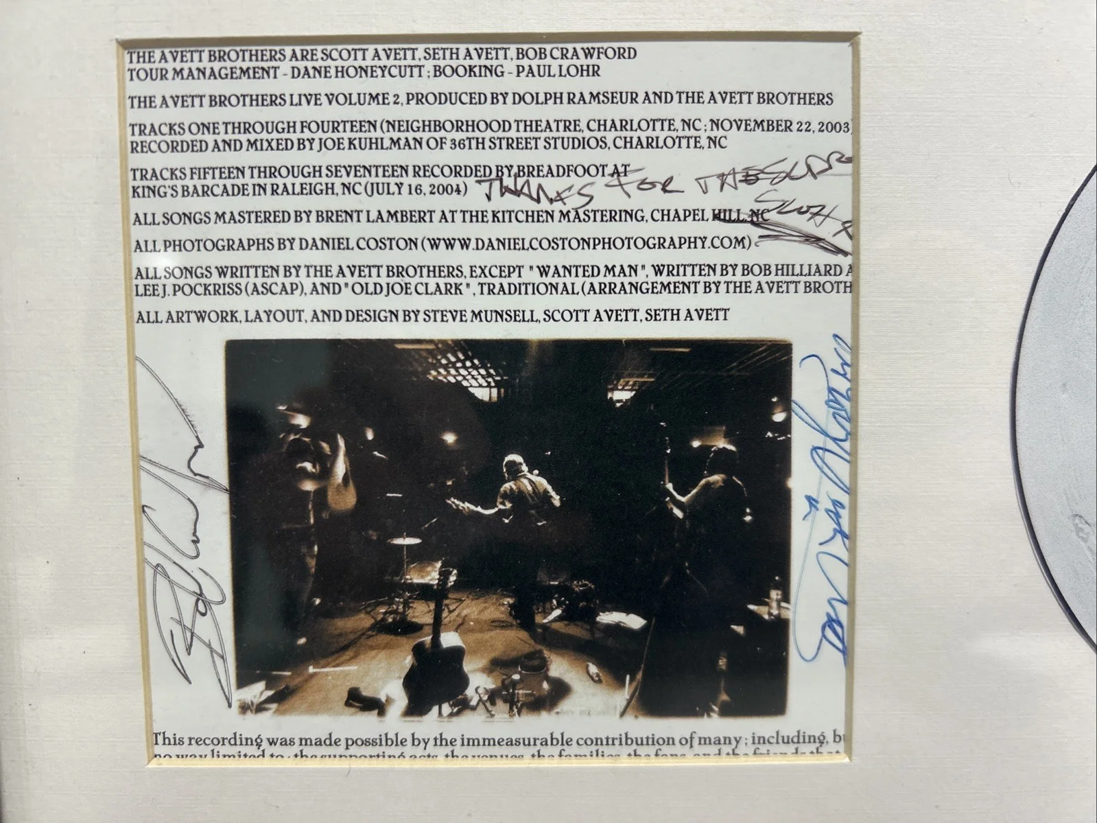 The Avett Brothers Live Vol. 2, Signed & Framed! No CD, Display Only, image 2