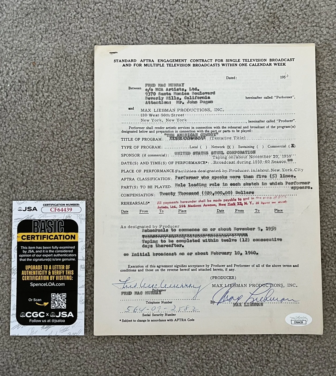 Fred Macmurray — FRED MacMURRAY Signed Aftra Contract 1959 American Cowboy TV Show Actor, image 2