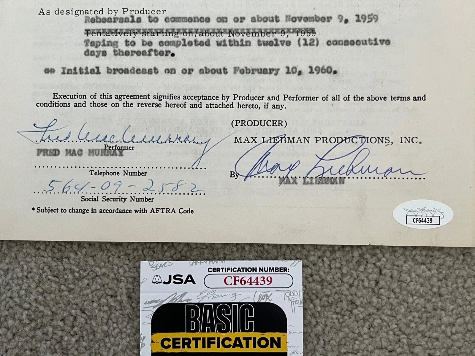 Fred Macmurray — FRED MacMURRAY Signed Aftra Contract 1959 American Cowboy TV Show Actor, image 3