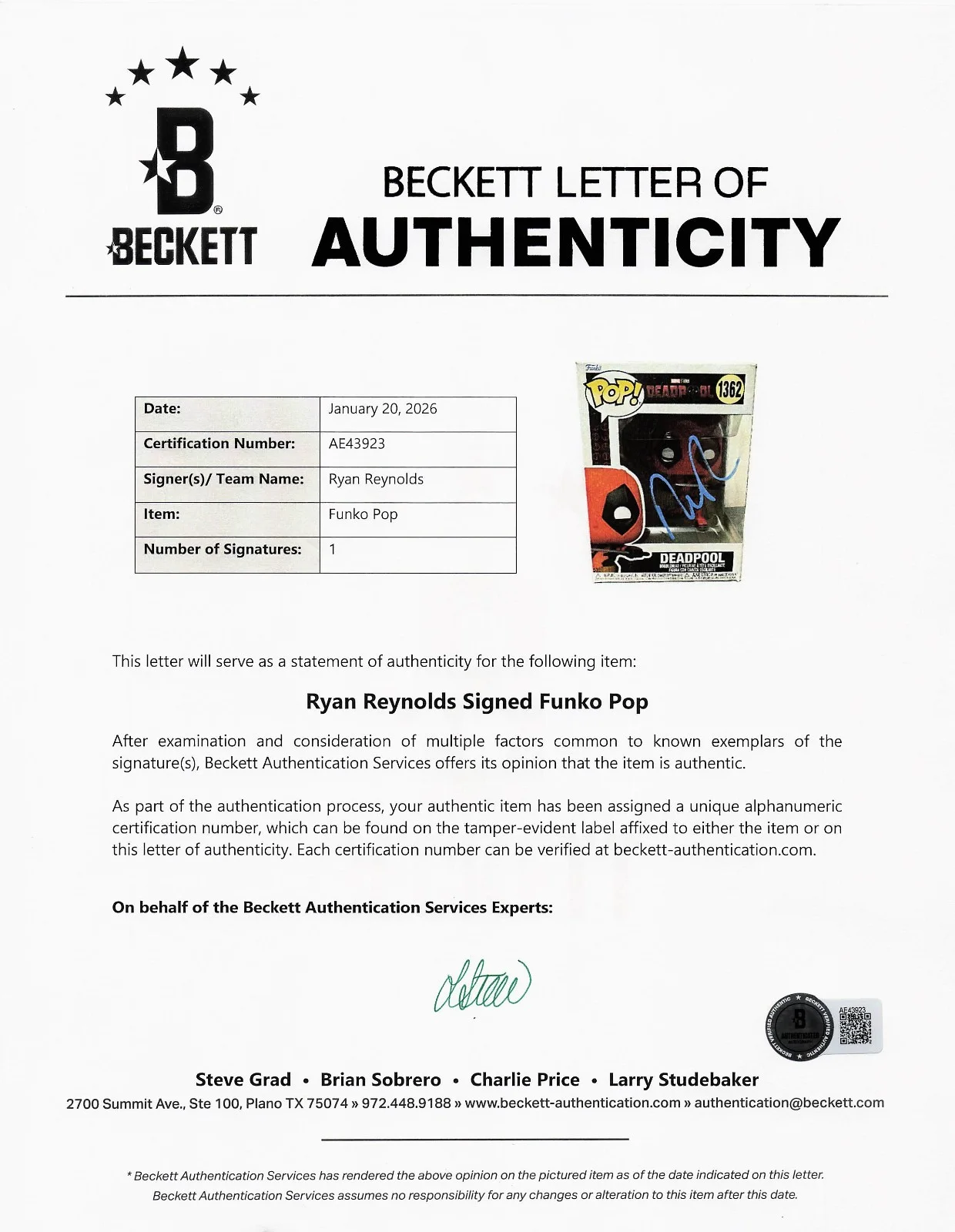 Ryan Reynolds — Ryan Reynolds Signed Autograph Deadpool Funko Pop 1362 Beckett BAS LOA Marvel, image 3