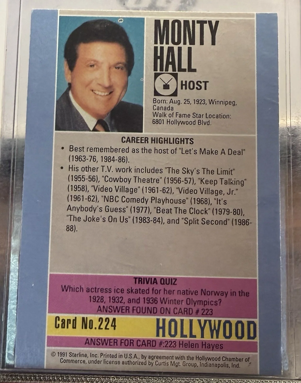 Monty Hall — Monty Hall Signed 1991 Starline Hollywood Card Autograph, изображение 2