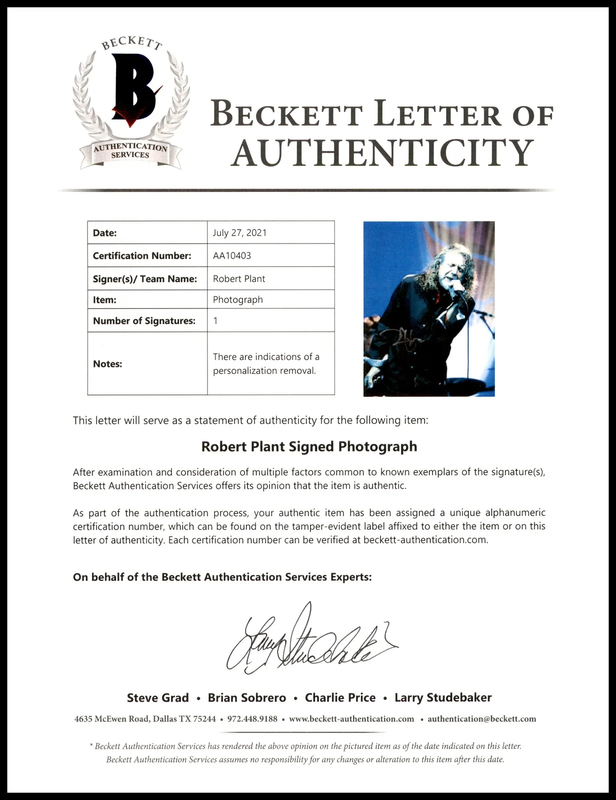 Robert Plant Auto Signed 8x10 Photo Led Zeppelin (Removal) Beckett #AA10403, image 2