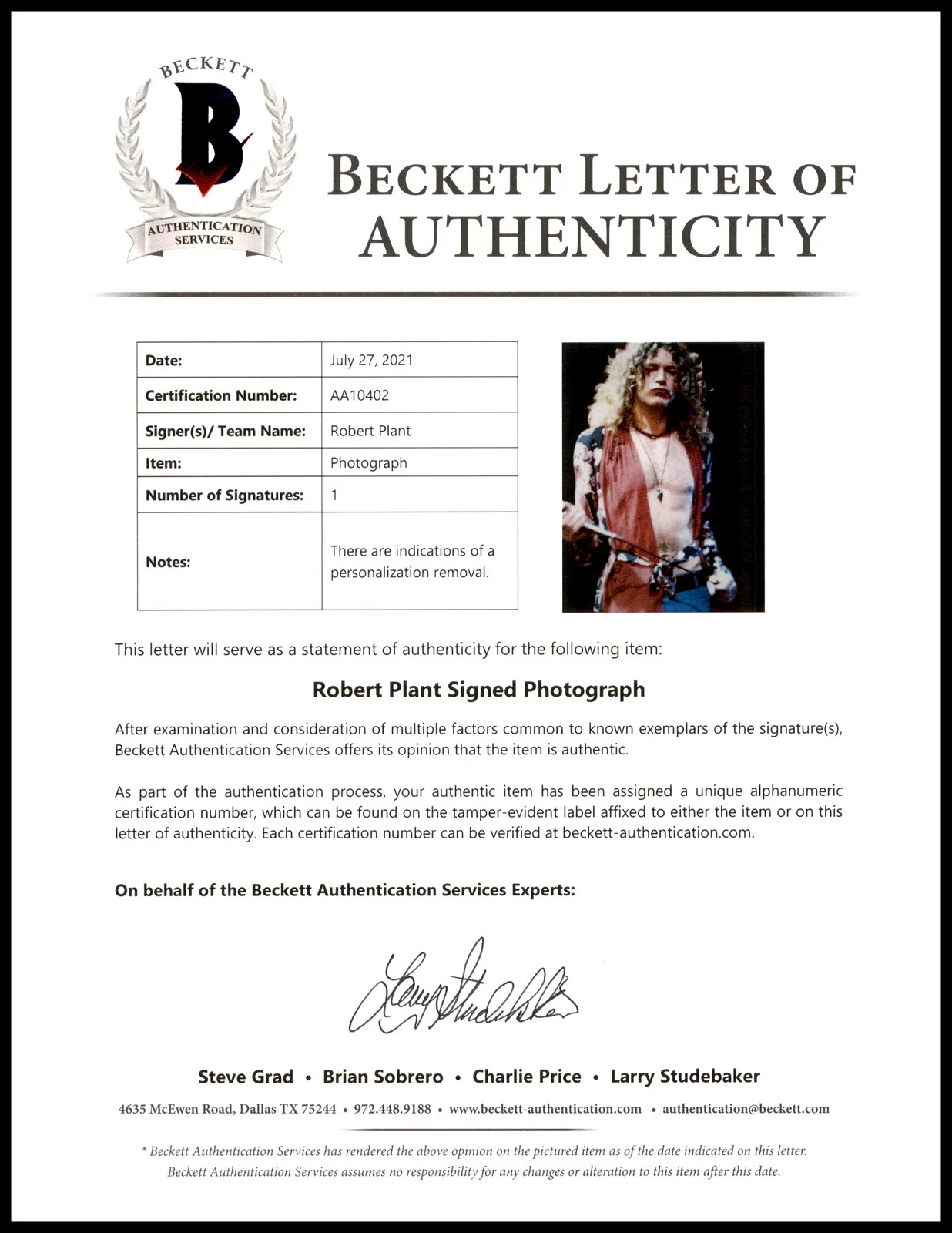 Robert Plant Auto Signed 8x10 Photo Led Zeppelin (Removal) Beckett #AA10402, изображение 2
