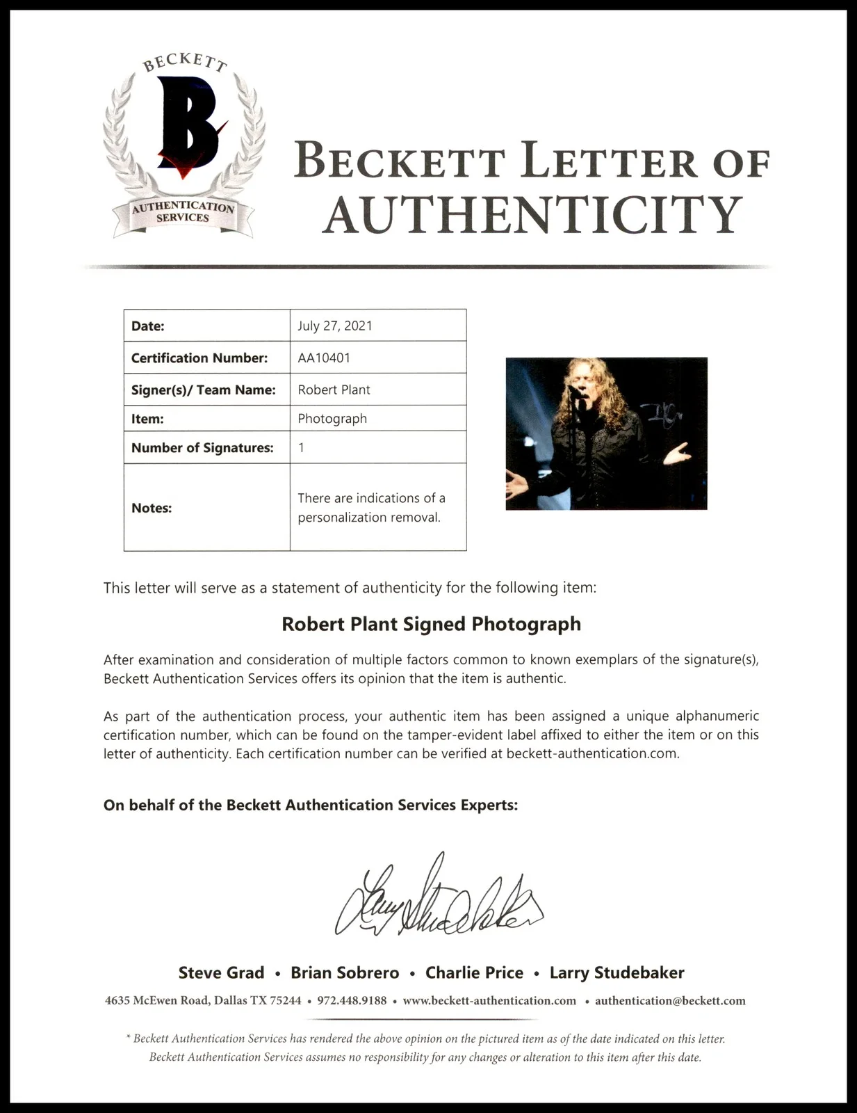 Robert Plant Auto Signed 8x10 Photo Led Zeppelin (Removal) Beckett #AA10401, изображение 2