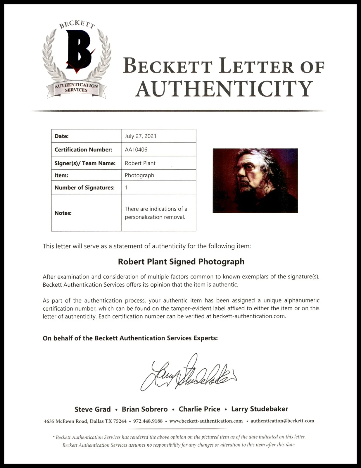 Robert Plant Auto Signed 8x10 Photo Led Zeppelin (Removal) Beckett #AA10406, изображение 3