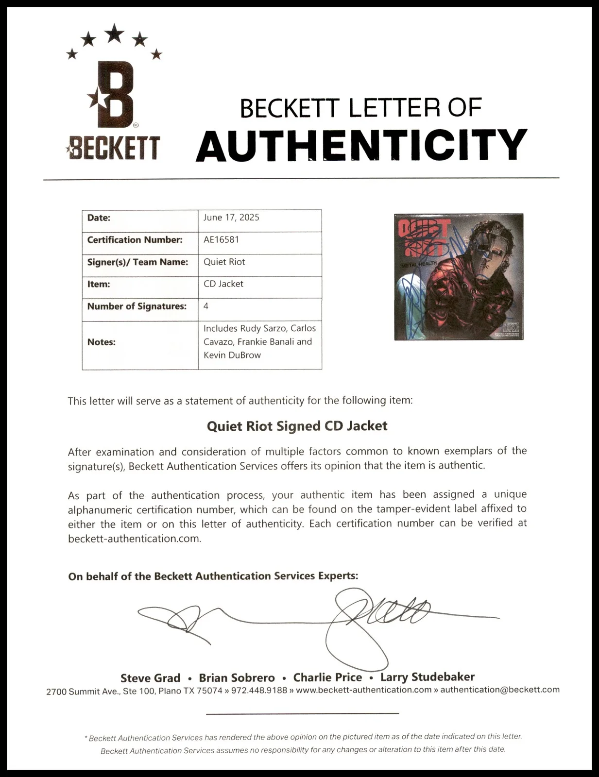 Quiet Riot Signed Metal Health CD Cover 4 Sigs Kevin DuBrow Beckett #AE16581, изображение 4