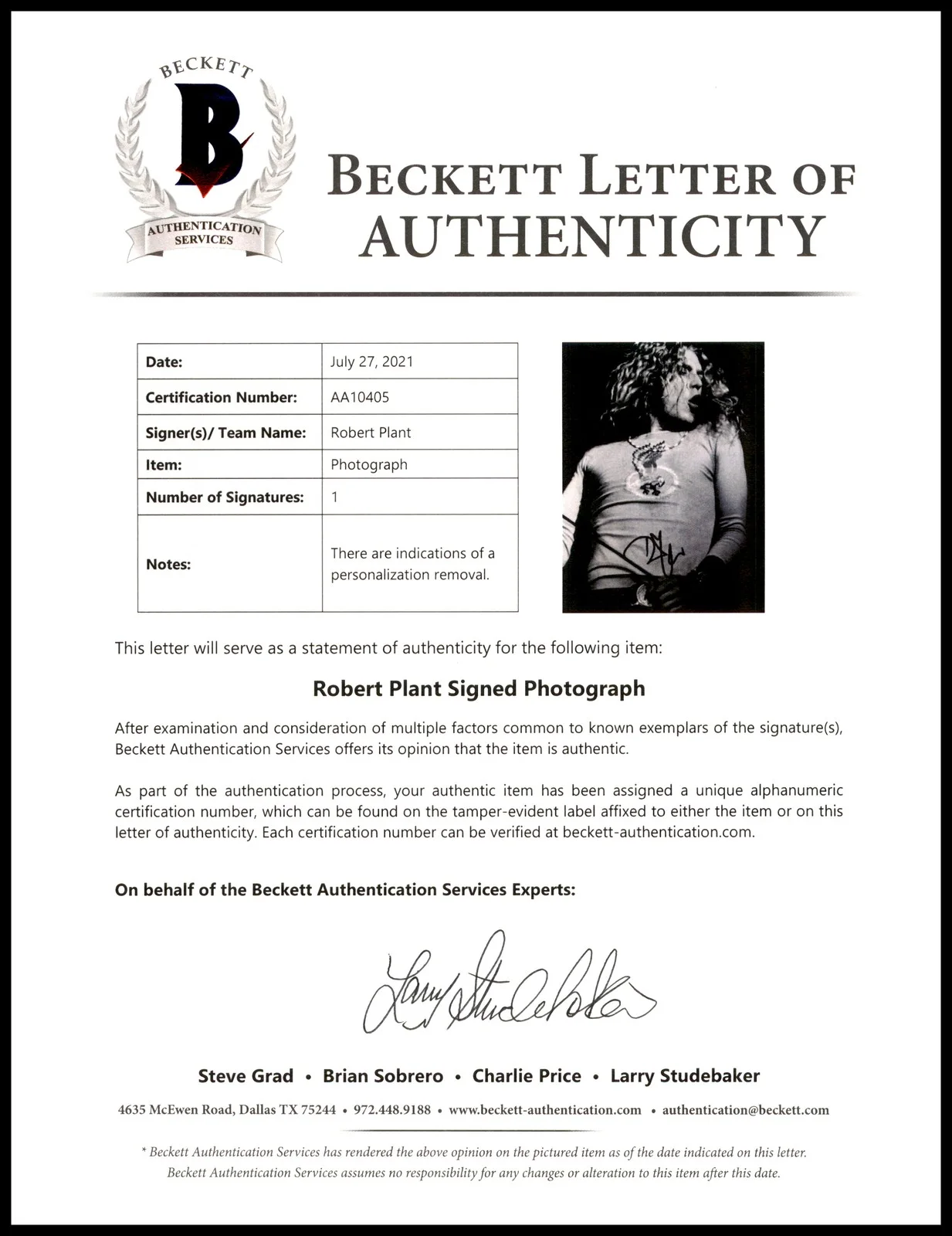 Robert Plant Auto Signed 8x10 Photo Led Zeppelin (Removal) Beckett #AA10405, image 2