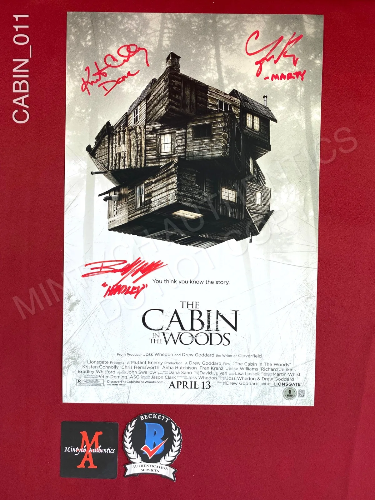 Bradley Whitford, Kristen Connolly, Fran Kranz — The Cabin in the Woods cast signed 11x17 photo Franz Connolly Whitford Beckett