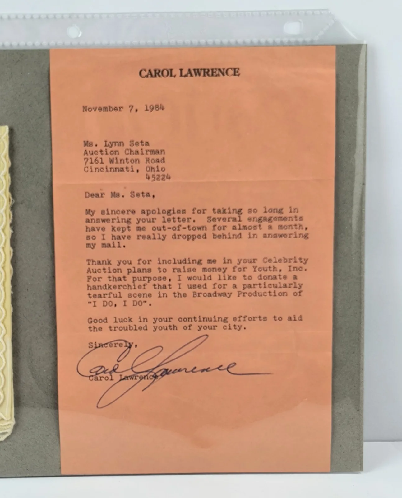 Carol Lawrence — Carol Lawrence Handkerchief & Signed Letter frm Broadway Show "I Do I Do" L6, изображение 3