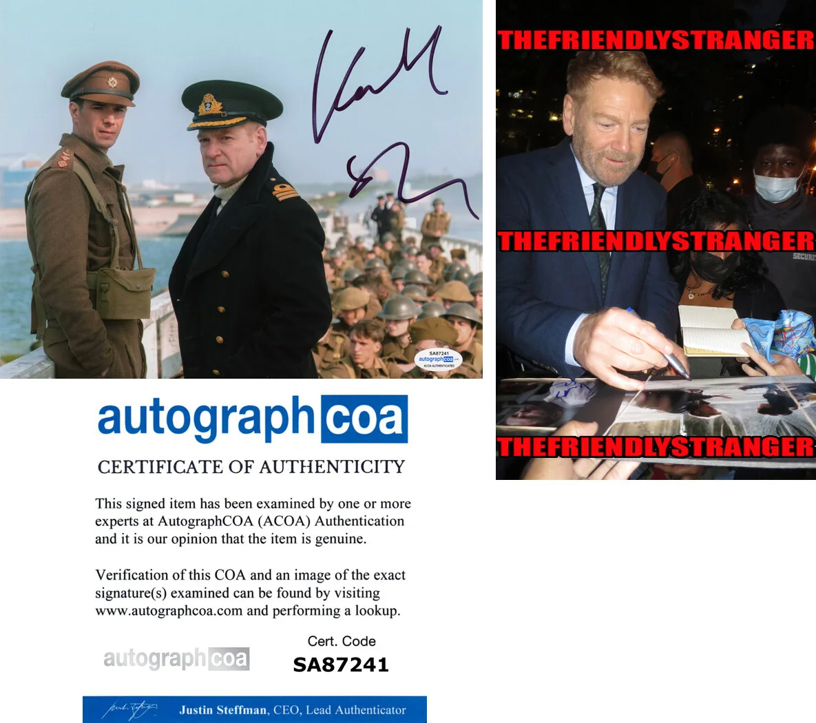 KENNETH BRANAGH — Kenneth Branagh signed "DUNKIRK" 8x10 Photo j PROOF Commander Bolton ACOA COA
