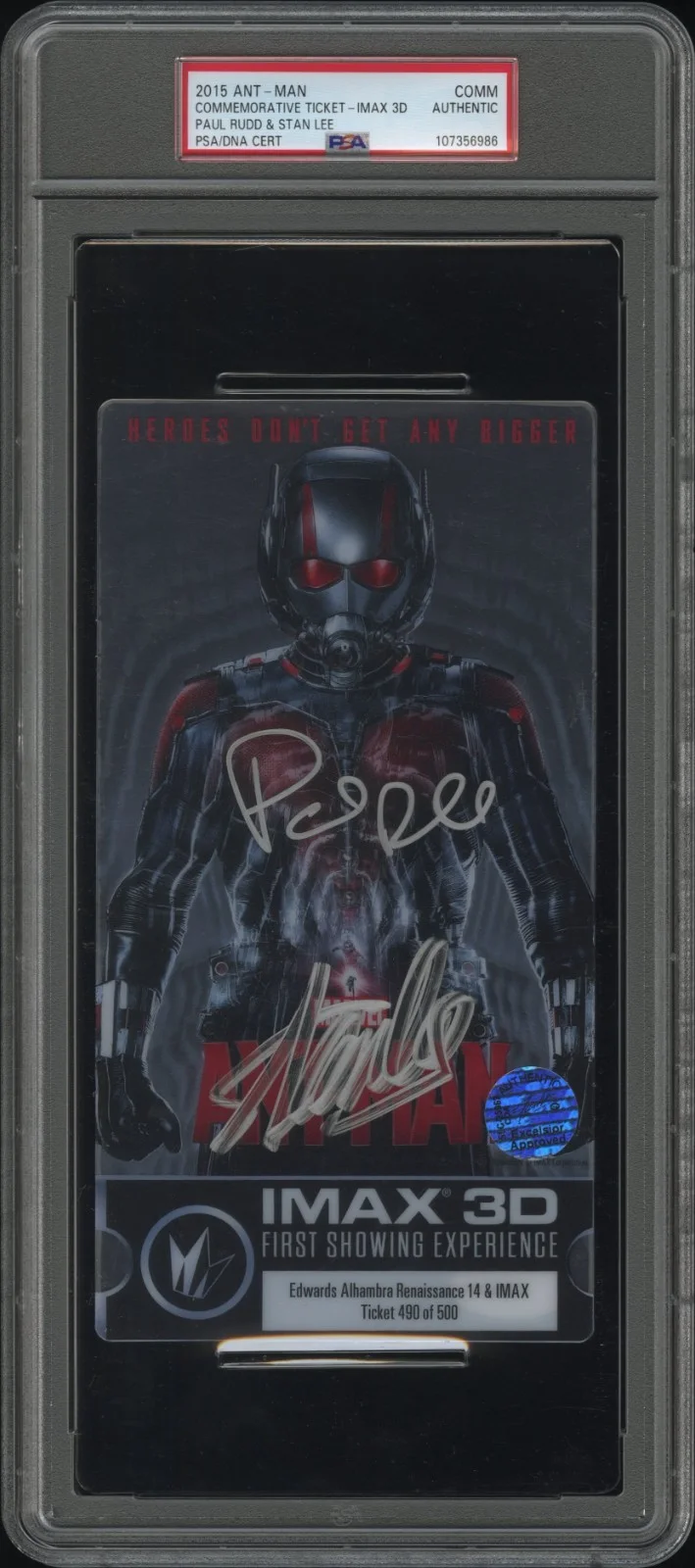 Stan Lee & Paul Rudd — STAN LEE & PAUL RUDD Signed "ANT-MAN" Commemorative Movie Ticket PSA/DNA Slabbed