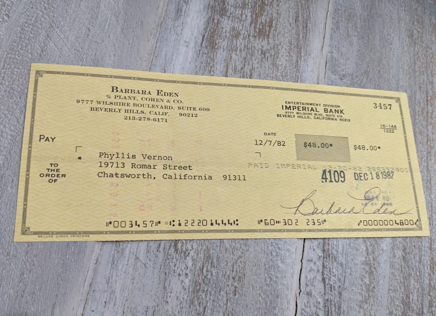Barbara Eden — BARBARA EDEN signed check - I Dream of Jeanie RARE VINTAGE 1982 GENUINE, изображение 2