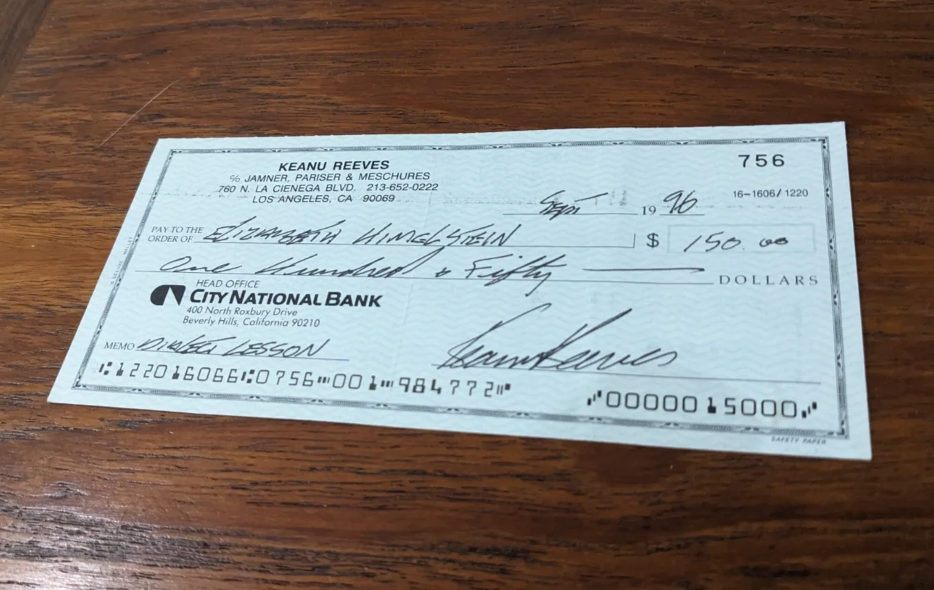 Keanu Reeves — Exceptionally RARE Keanu Reeves Signed Autograph Bank Check 1996, image 2