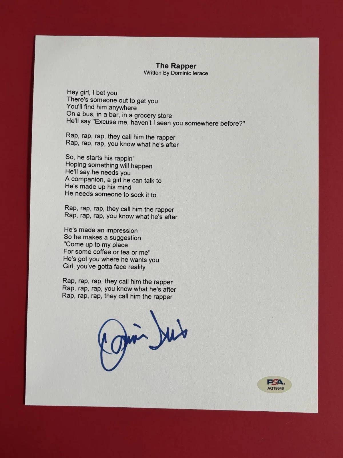 DONNIE IRIS Signed THE RAPPER Lyric Sheet PSA DNA COA THE JAGGERZ Ah Leah! PITTS, image 2