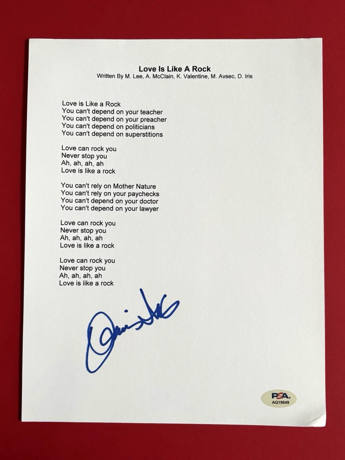 DONNIE IRIS Signed LOVE IS LIKE A ROCK Lyric Sheet PSA DNA COA Pitts AH LEAH, image 2