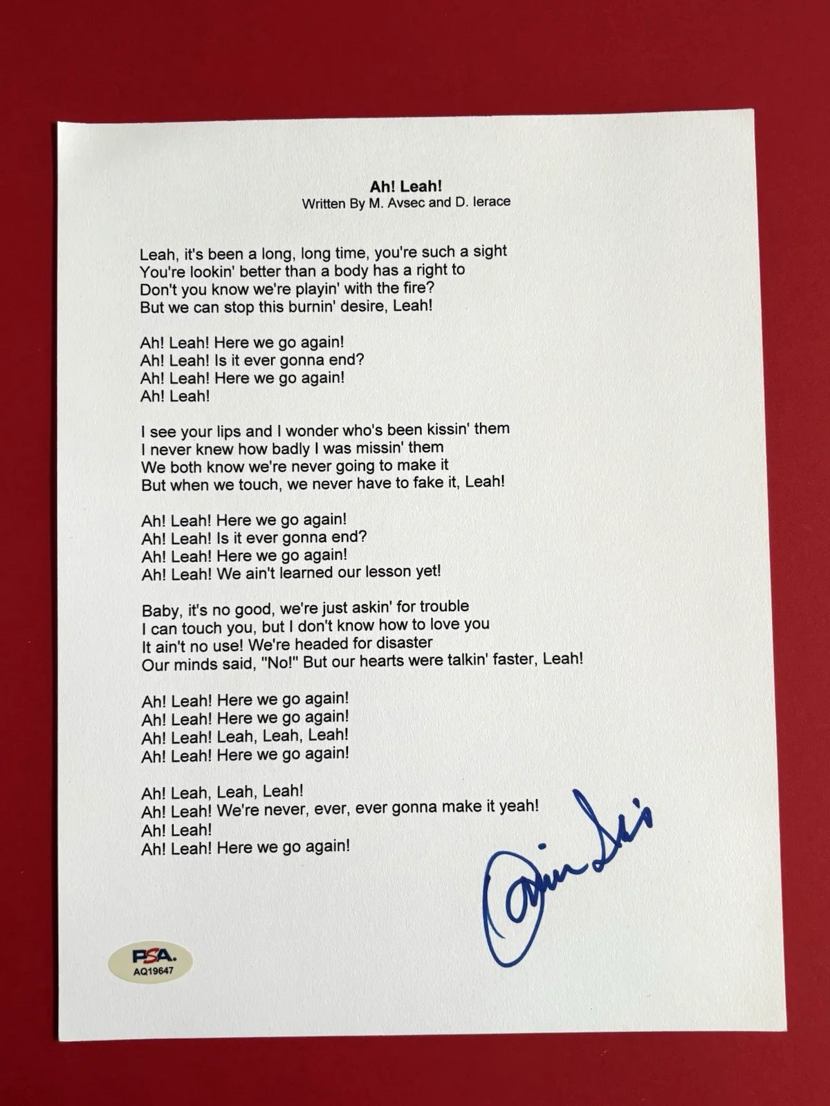 DONNIE IRIS Signed AH LEAH! Lyric Sheet PSA DNA COA Pittsburgh THE JAGGERZ, изображение 2
