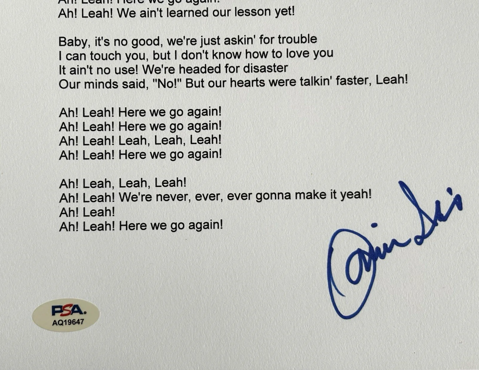 DONNIE IRIS Signed AH LEAH! Lyric Sheet PSA DNA COA Pittsburgh THE JAGGERZ, изображение 3