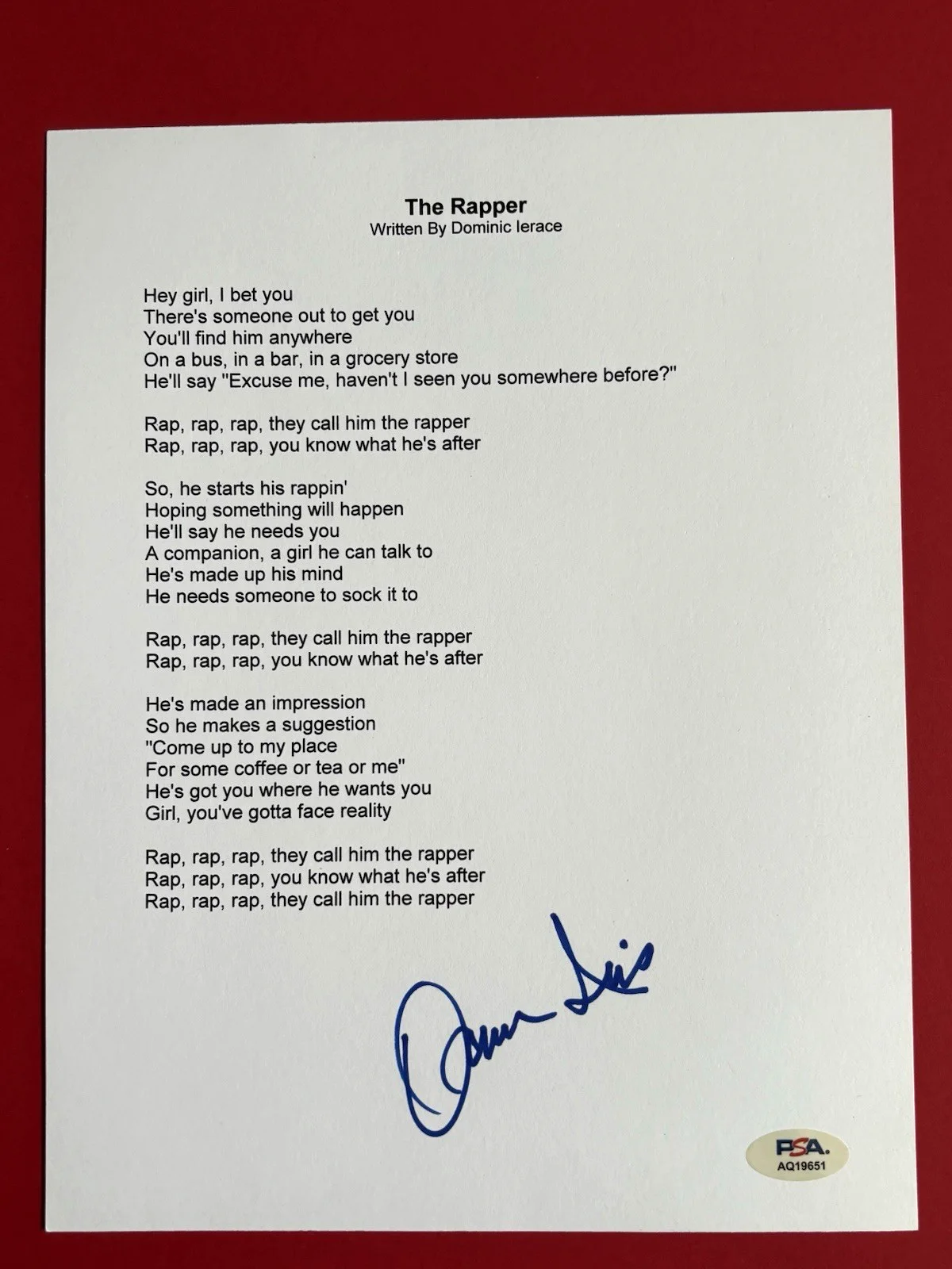 DONNIE IRIS Signed THE RAPPER Lyric Sheet PSA DNA COA THE JAGGERZ Ah Leah! PITTS, изображение 2