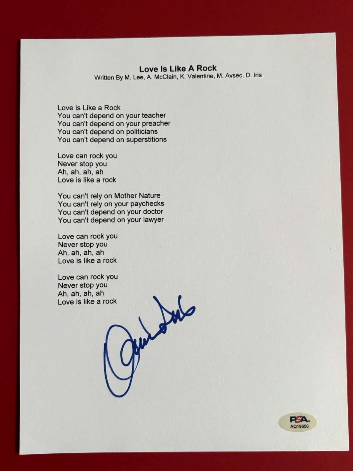 DONNIE IRIS Signed LOVE IS LIKE A ROCK Lyric Sheet PSA DNA COA Pitts AH LEAH, image 2