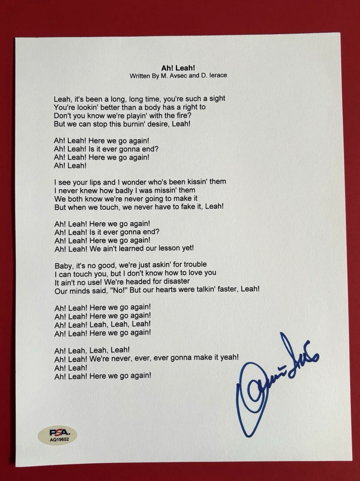 DONNIE IRIS Signed AH LEAH! Lyric Sheet PSA DNA COA Pittsburgh THE JAGGERZ, изображение 2