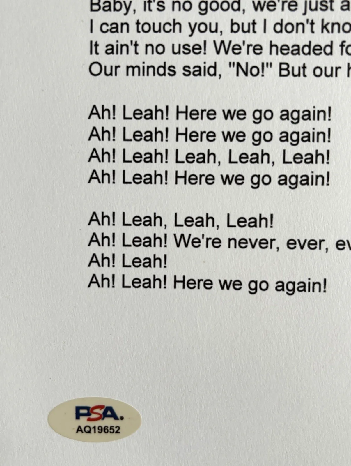 DONNIE IRIS Signed AH LEAH! Lyric Sheet PSA DNA COA Pittsburgh THE JAGGERZ, изображение 3