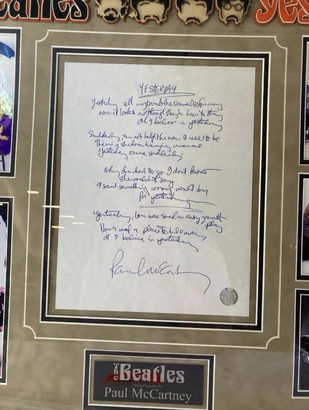 Paul McCartney — Beatles Paul McCartney "Yesterday" Signed Autograph Lyrics Museum Quality Frame, image 2