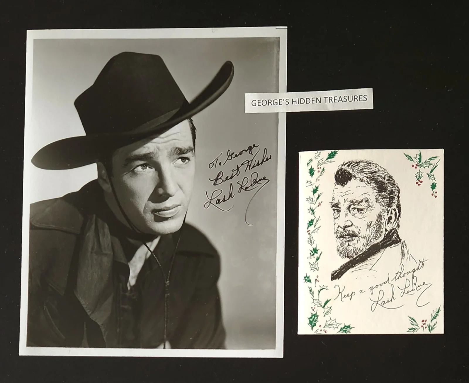 LASH LA RUE — LASH LA RUE signed autographed B&W 8x10 w/ 4x5.5" Christmas Card