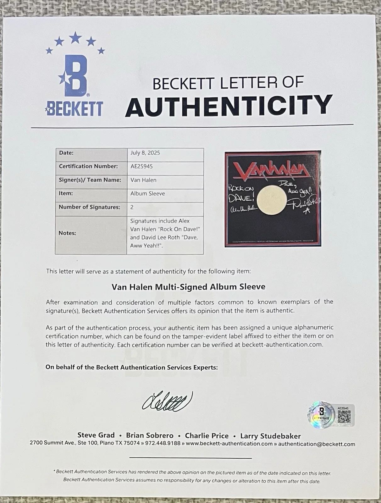 David Lee Roth & Alex Van Halen Signed & Inscribed Autograph Album Beckett, изображение 4