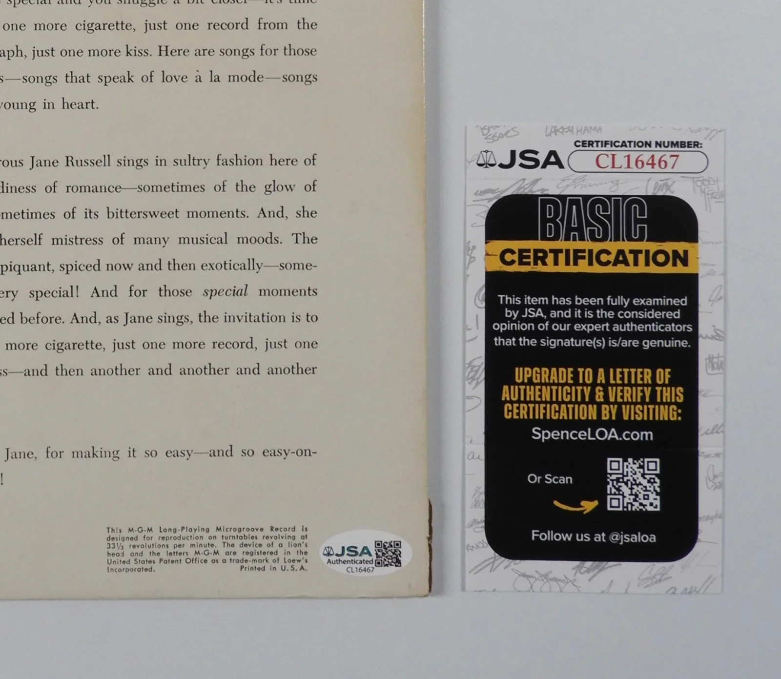 Jane Russell Signed JSA Autograph Vinyl Record Album, image 3