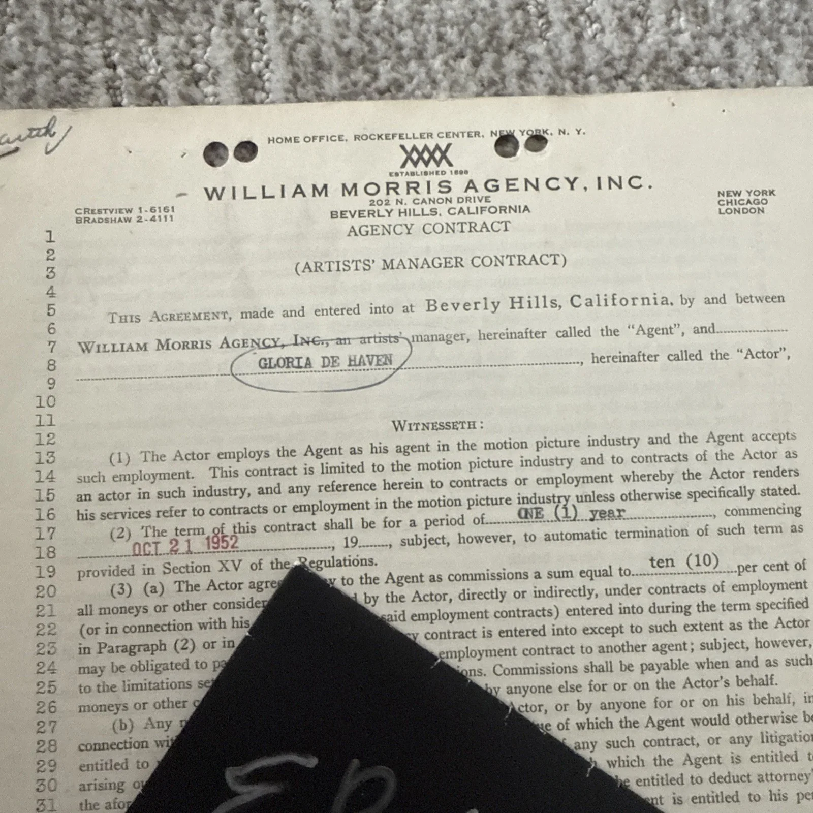 Gloria DeHaven De Haven Autograph SIGNED 1952 William Morris Contract JSA COA, image 2