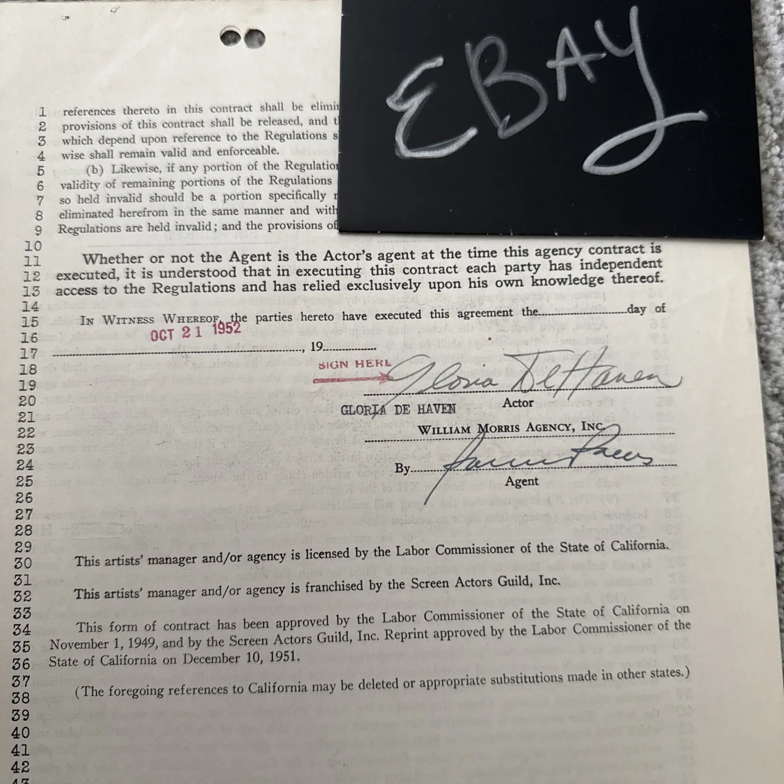Gloria DeHaven De Haven Autograph SIGNED 1952 William Morris Contract JSA COA, image 3