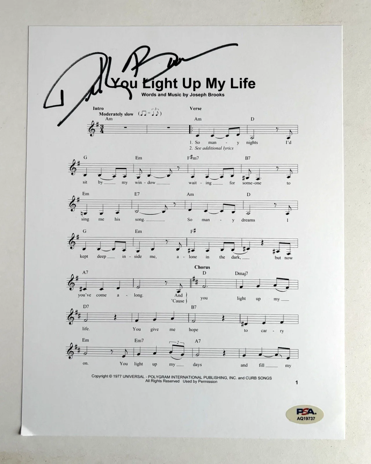 DEBBY BOONE Signed YOU LIGHT UP MY LIFE Lyric Sheet Music PSA DNA COA, изображение 2