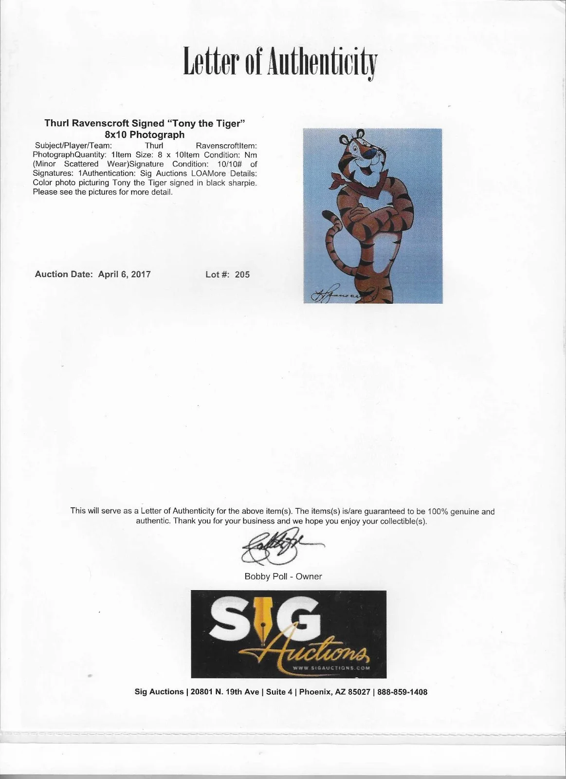 Thurl Ravenscroft Signed 8"x10"photo Tony The Tiger COA, image 2