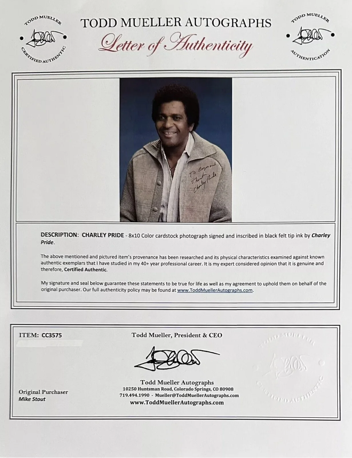 Charlie Pride Signed 8x10 Photo Mueller COA Country Singer Music Legend, изображение 2