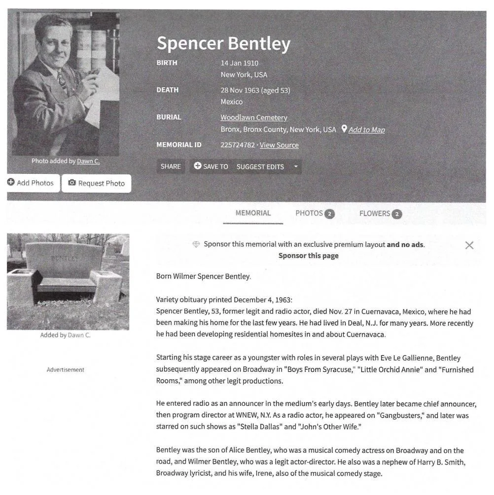 Spencer Bentley — Spencer Bentley, "Stella Dallas" "Gangbusters" Radio Actor Signed 8x10 Photo, изображение 3