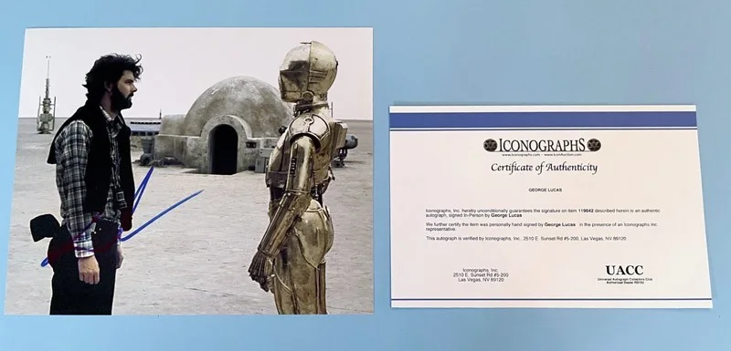 George Lucas — GEORGE LUCAS personally Signed, on set, C-3PO, COA Iconographs, free ship UACC, image 2