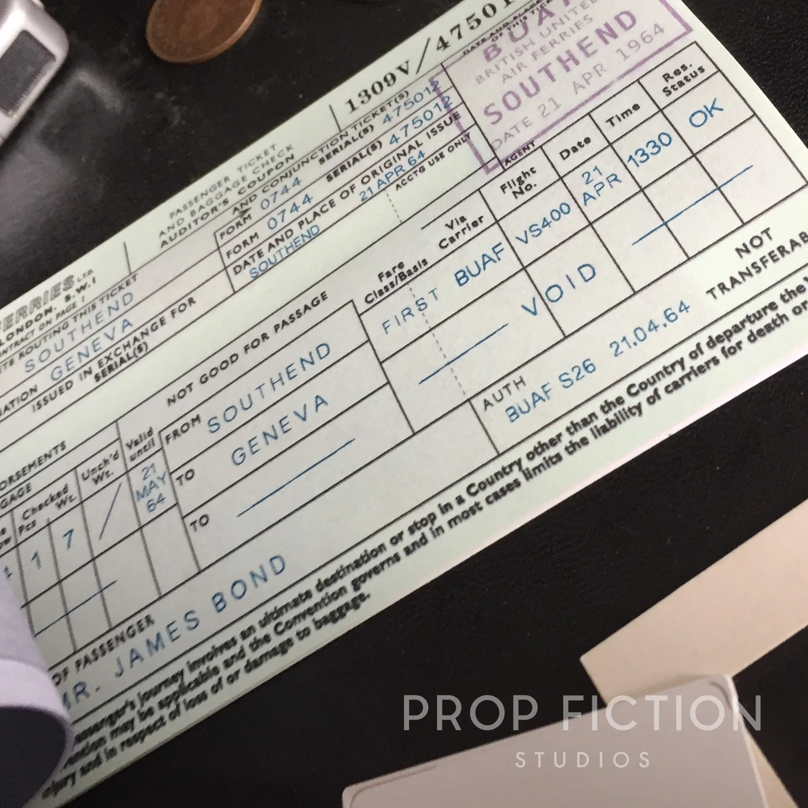 Cosplay Display: Goldfinger - Prop BUAF British United 10-Page Airline Ticket, image 4
