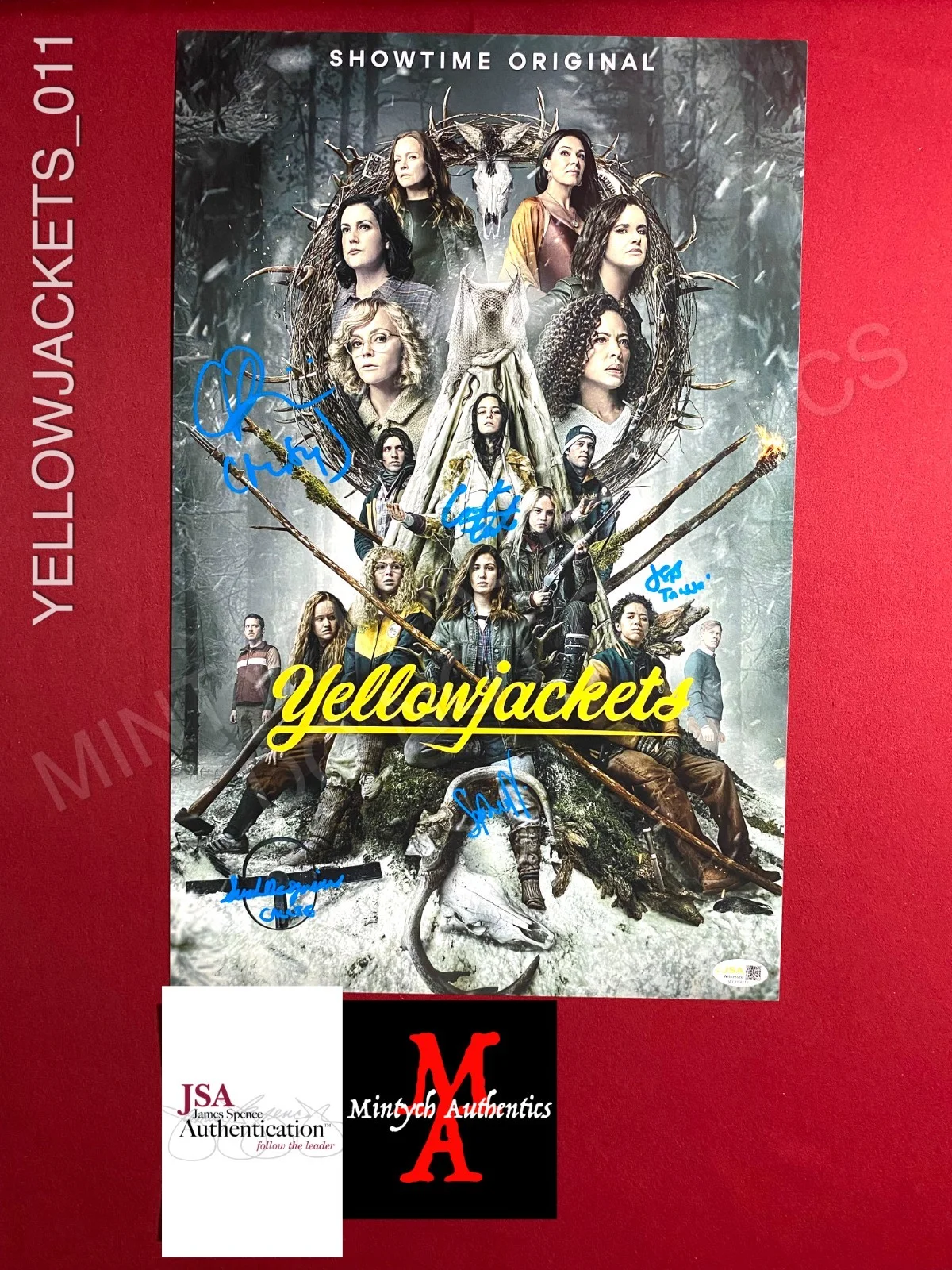 Christina Ricci, Courtney Eaton, Sarah Desjardins, Sophie Nelisse — Yellowjackets cast signed 11x17 photo Christina Ricci Desjardins Savoy Brown +2