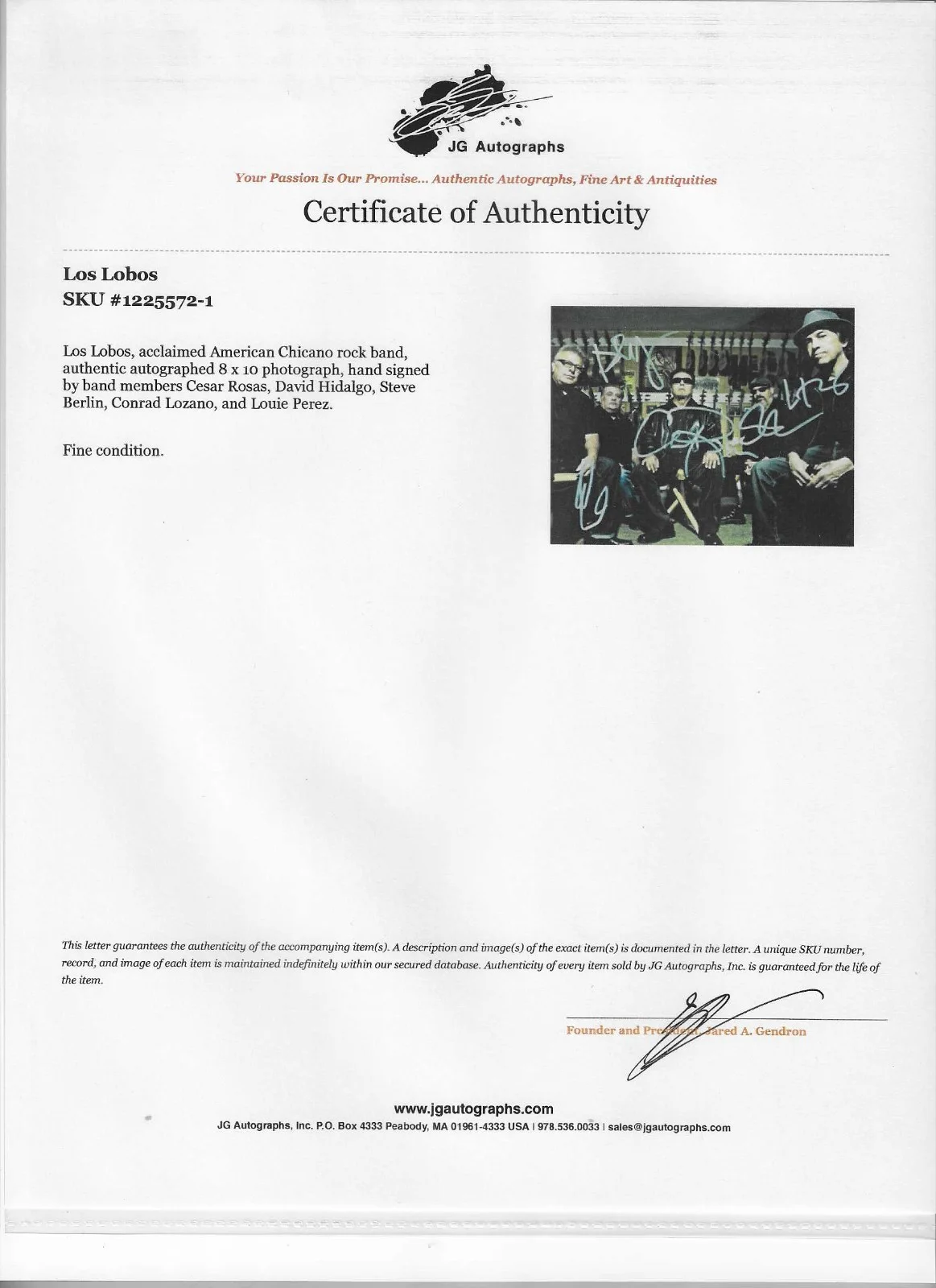 LOS LOBOS signed 8x10 photo HIDALGO PEREZ ROSAS BERLIN LOZANO COA, image 2