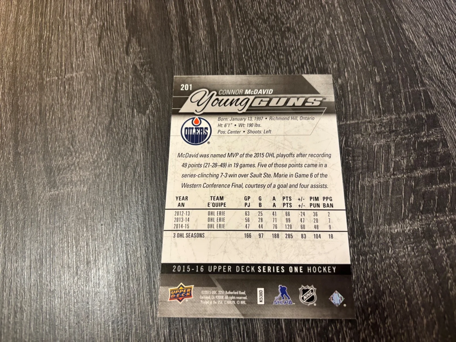 CONNOR MCDAVID YOUNG GUNS JUMBO RARE #201 2015-16 ROOKIE UPPER DECK RC OVERSIZED, изображение 2