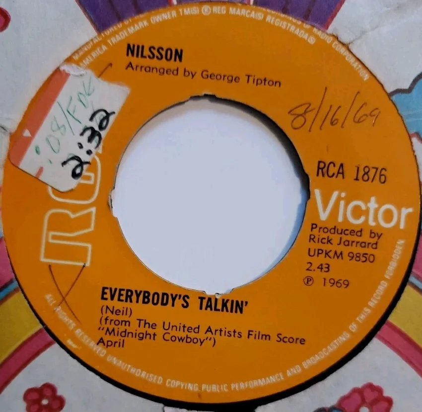 Harry Nilsson Signed 45 Sleeve w/COA, Everybody's Talkin' 1969, image 3