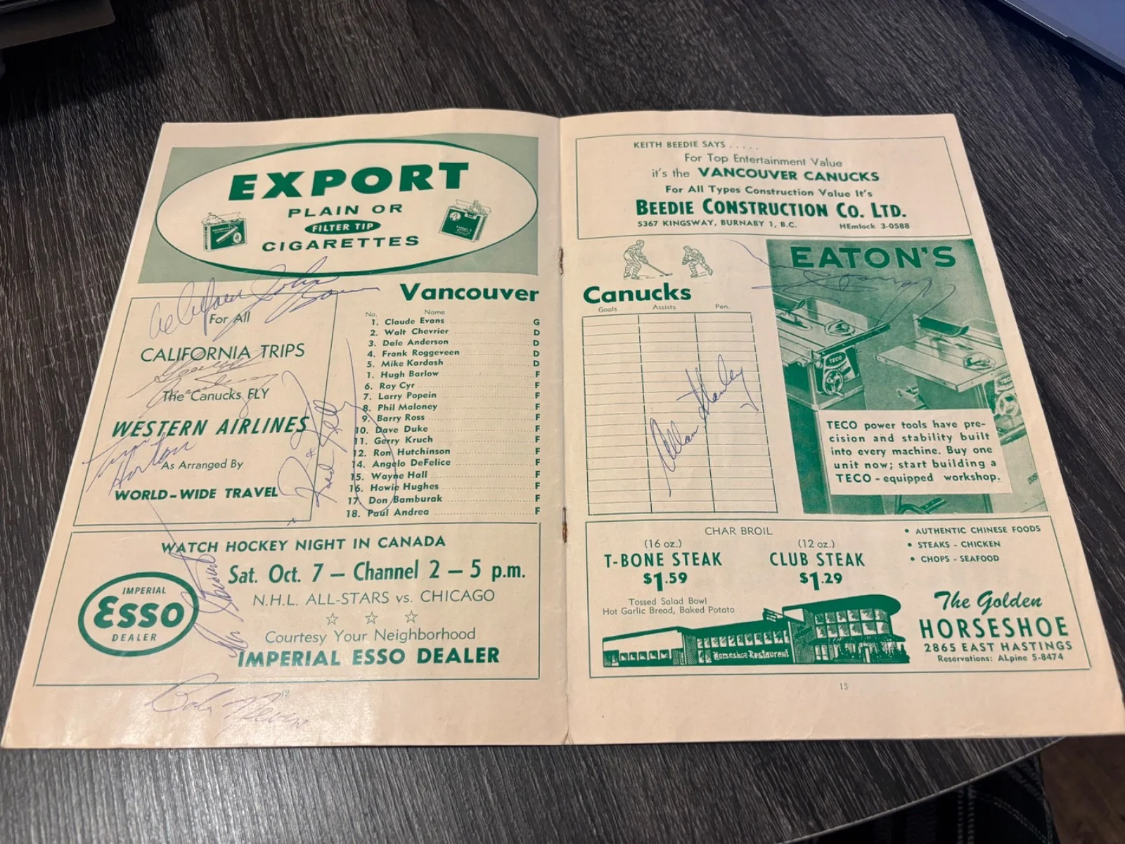 1961/62 TORONTO MAPLE LEAFS SIGNED AUTOGRAPHED PROGRAM RARE X9 TIM HORTON, image 4