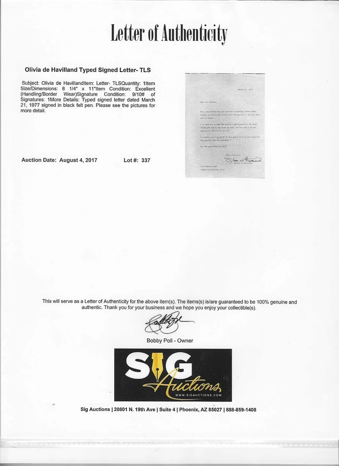 Olivia De Havilland Signed Letter COA, image 2