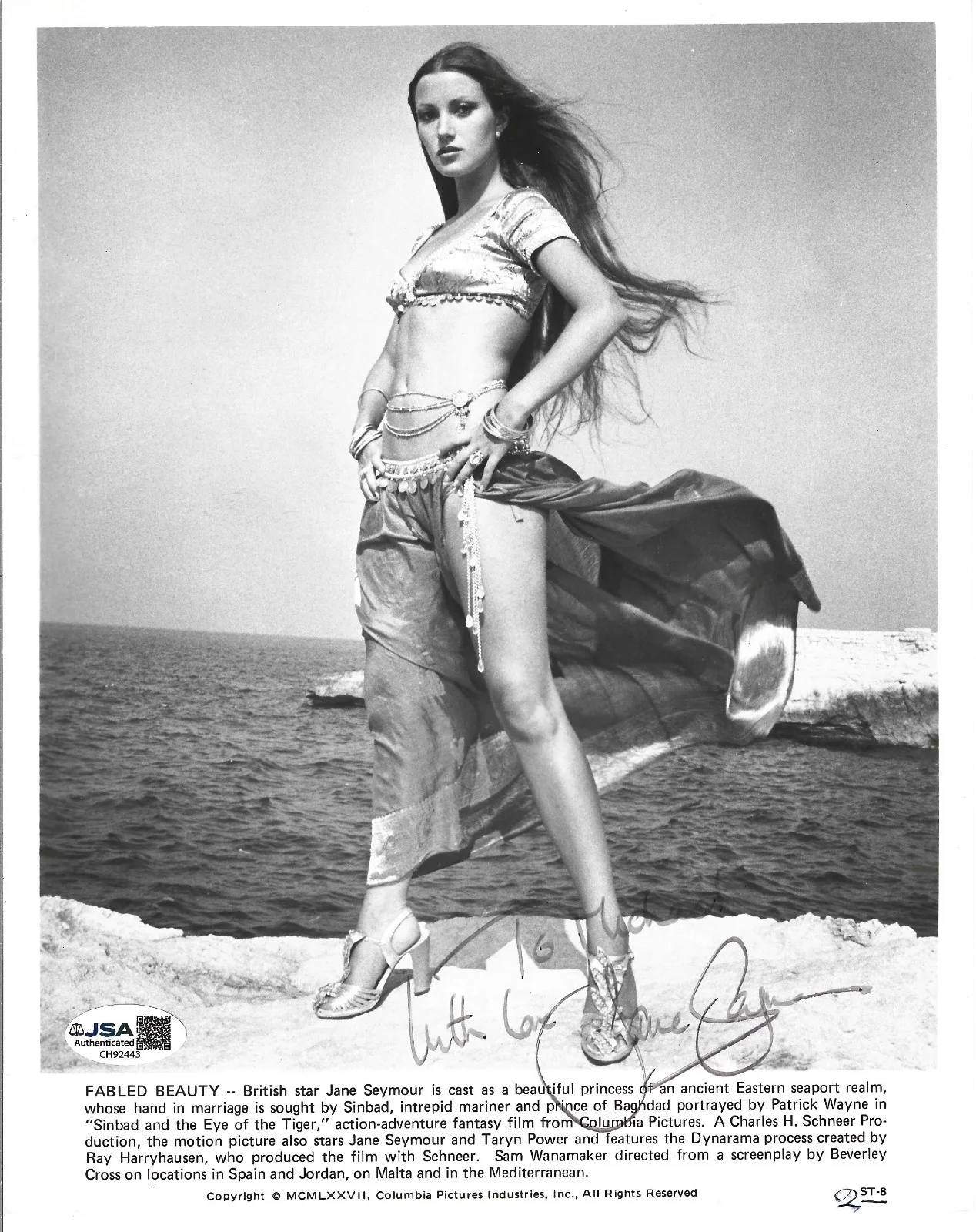 Jane Seymour — Jane Seymour SIGNED 1977 Sinbad and the Eye of the Tiger Promo Photo JSA COA