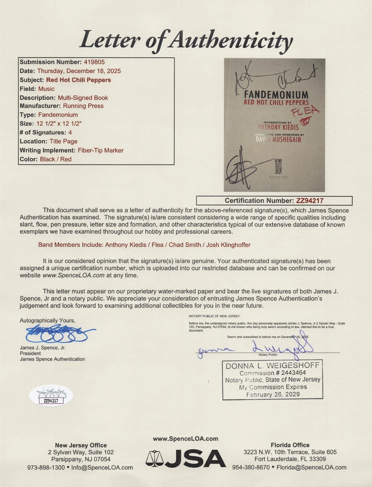 Anthony Kiedis, Flea, Chad Smith, Josh - Red Hot Chili Peppers — RED HOT CHILI PEPPERS signed "FANDEMONIUM" Book b ANTHONY KIEDIS, Flea, Chad JSA, изображение 2