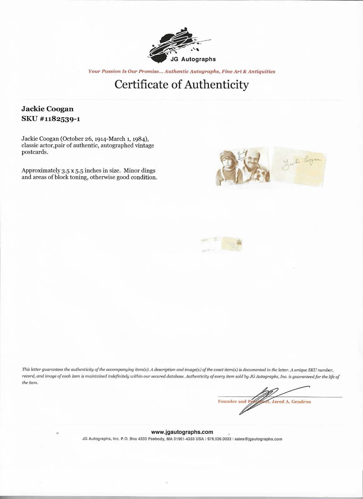 Jackie Coogan — Actor JACKIE COOGAN Signed Index Card ADDAMS FAMILY Guarantee Authentic COA, изображение 2