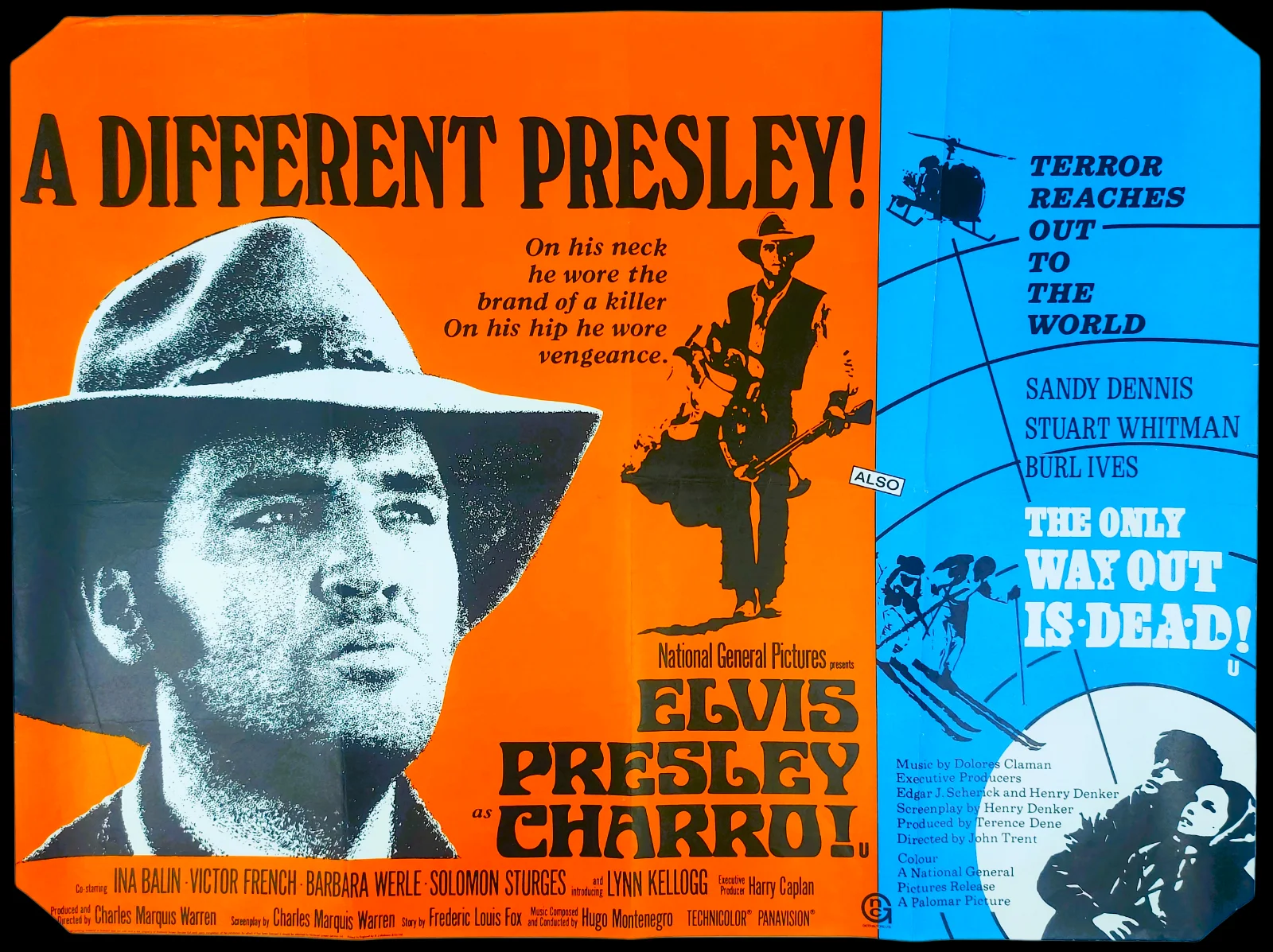 ELVIS PRESLEY CHARRO/THE ONLY WAY OUT IS DEAD ORIGINAL UK QUAD FILM POSTER 1969, изображение 2
