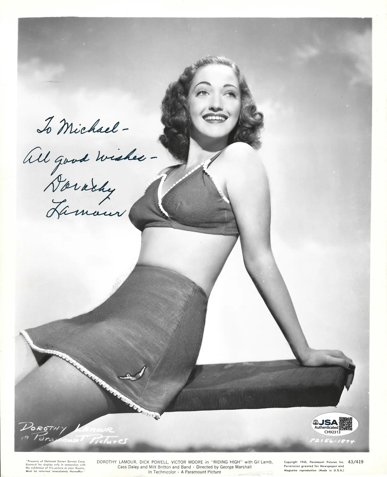 Dorothy Lamour — Dorothy Lamour hand SIGNED 1943 Riding High Promo Photo JSA COA Bob Hope Crosby