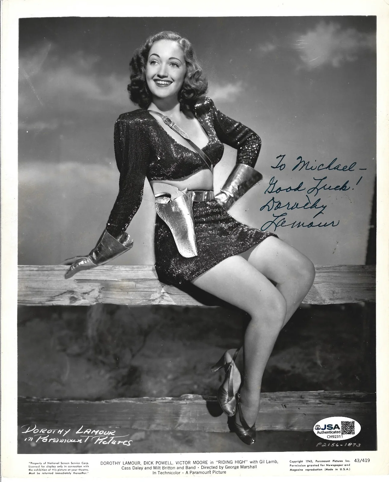 Dorothy Lamour — Dorothy Lamour hand SIGNED 1943 Riding High Promo Photo JSA COA Bob Hope Crosby