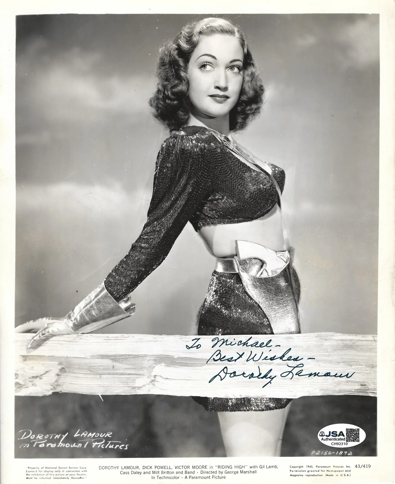 Dorothy Lamour — Dorothy Lamour hand SIGNED 1943 Riding High Promo Photo JSA COA Bob Hope Crosby